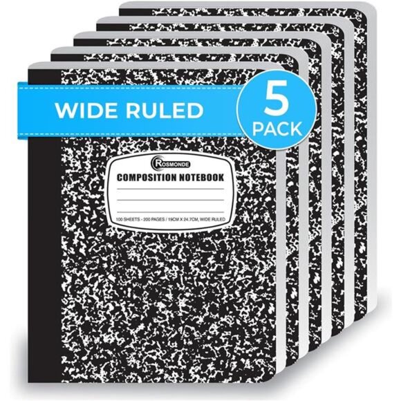 5 Packs Composition Notebook Wide Ruled 100 Sheets 9-3/4 x 7-1/2 School Supplies - Picture 1 of 6